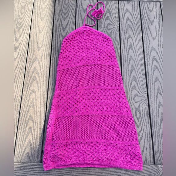 Old Navy Size Small Halter Crochet Mini Dress Dragon Fruit Pink 100% cotton - Picture 3 of 8